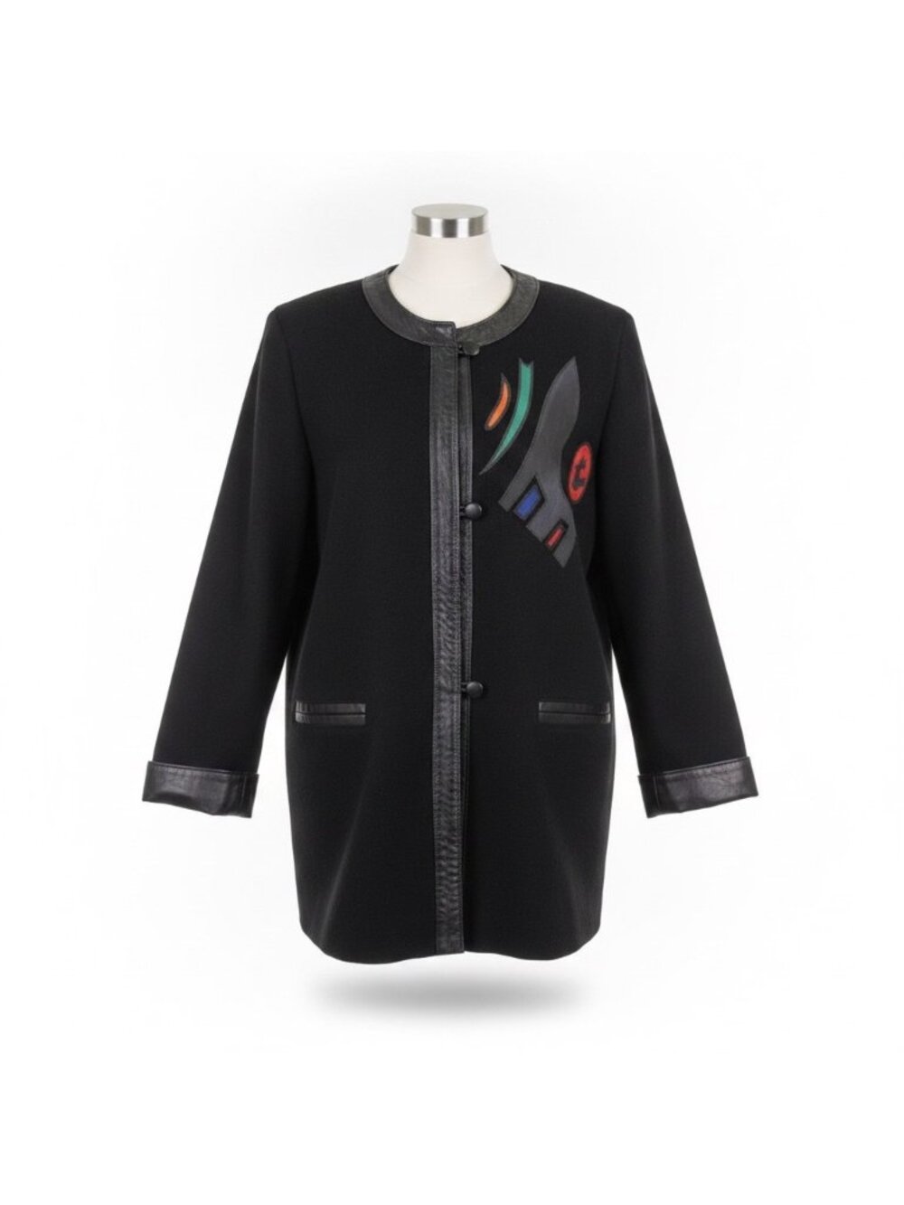 Hand-Painted Womens Black Jacket With Leather Trim Abstract Art Size XS